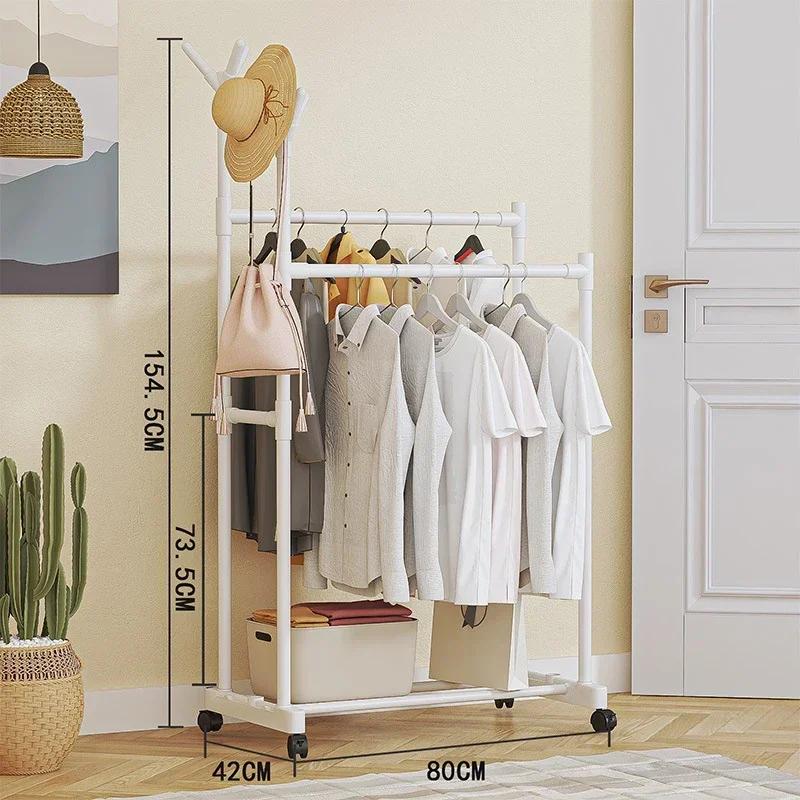 Multifunctional Bedroom Storage Racks Movable Double Rod Clothes Rack Telescopic Floor Hangers Wheeled Shoe Hat Hanger For Door
