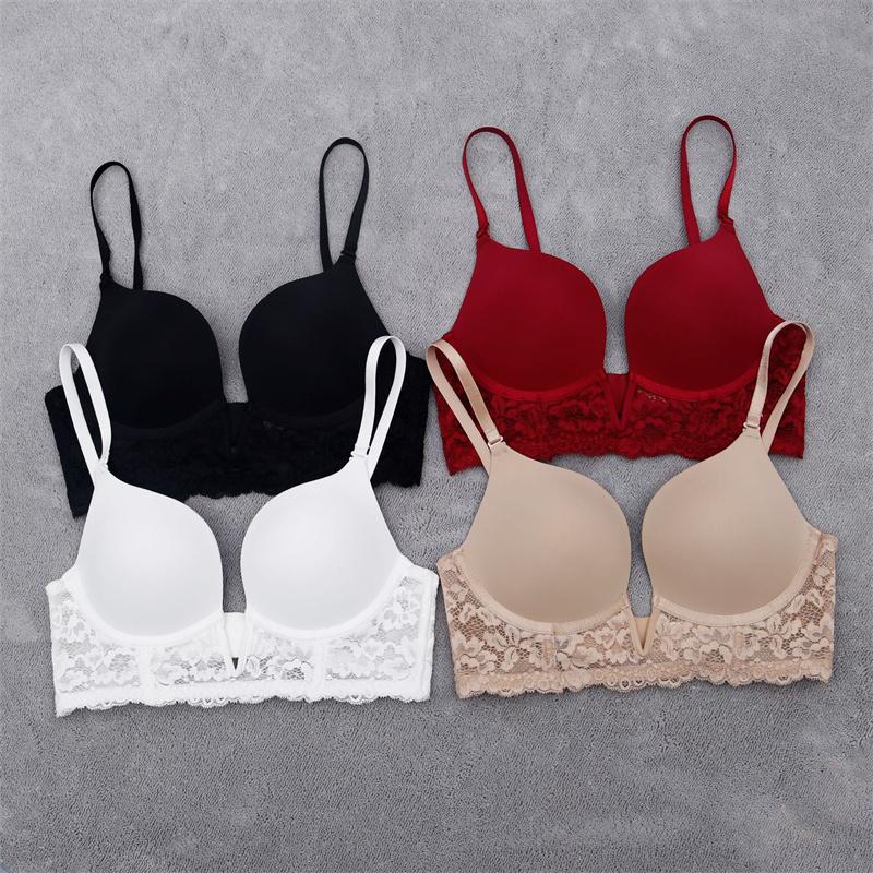 Французский сексуальный бюстгальтер с глубоким V-образным вырезом, бесшовное нижнее белье, женские кружевные бюстгальтеры с вышивкой, пуш-ап, летний бюстгальтер со съемным ремешком и открытой спиной