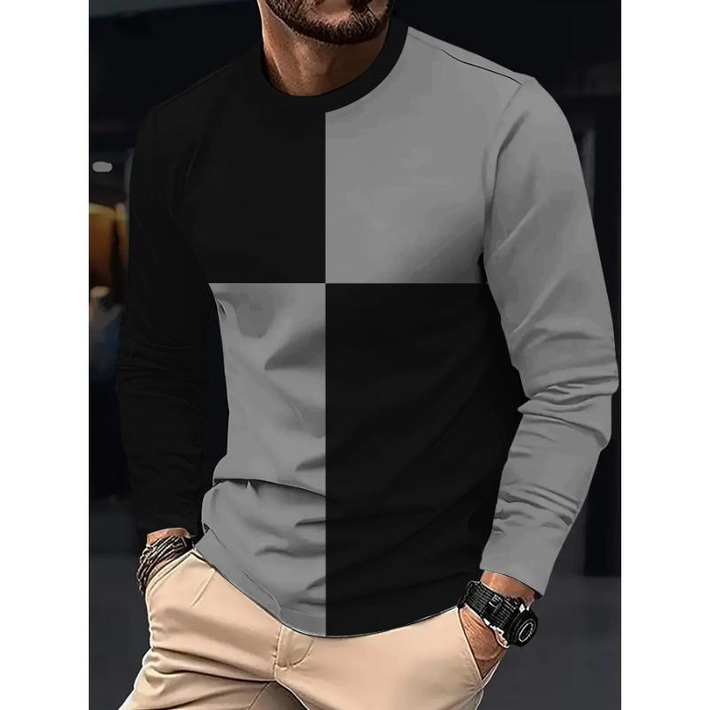 Мужская футболка в стиле business casual Удобный топ с длинным рукавом и круглым вырезом Лоскутная повседневная футболка для мужчин Весенняя дизайнерская футболка
