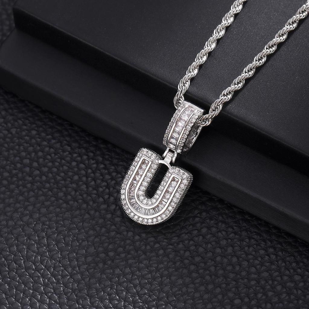 Zircon Inlaid Rock Sugar Initial Pendant Necklace - European & American Hip-Hop Style