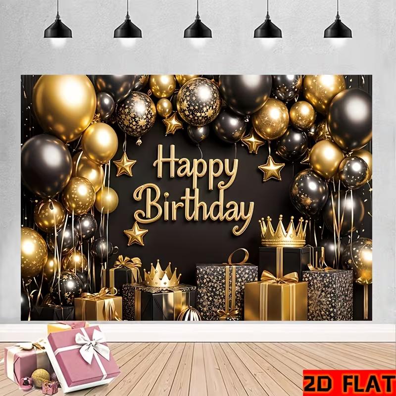 2D Luxury Black Gold Birthday Backdrop Banner King Crown Happy Birthday Party Decor Background