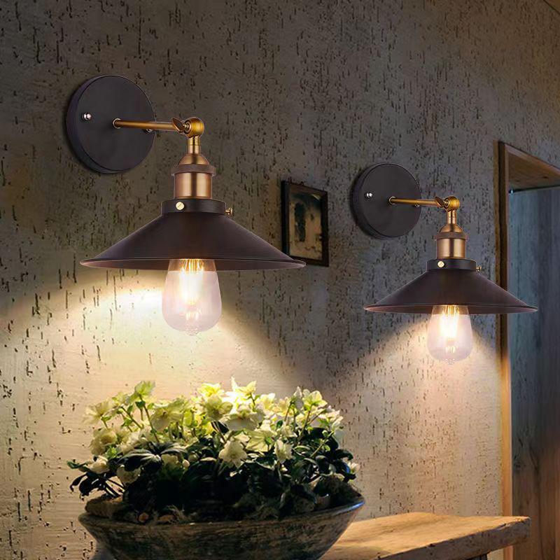 American Style Rural Retro Industrial Style Wall Lamp Iron Bedside Wall Light Staircase Creative Small Black Umbrella Sconce E27