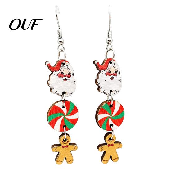 Cute Cartoon Ear Jewelry 1 Pair Christmas Wooden Dangle Drop Earrings for Women, Santa Women Seasonal Accessories Gingerbread Candy Cane Earrings,