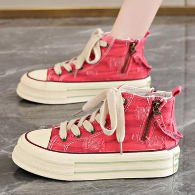 Женские парусиновые туфли на платформе, ретро студенческие туфли, кроссовки с высоким верхом на шнуровке, удобные кеды для скейтборда на плоской подошве на молнии для женщин