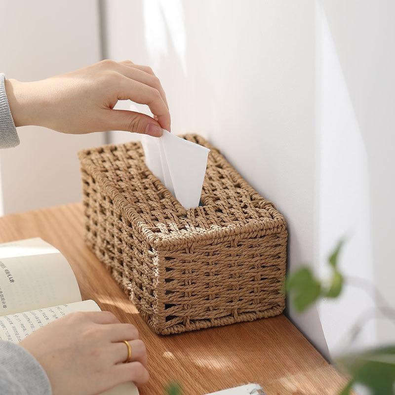 New Woven Tissue Box Imitation Rattan Woven Grass Tissue Storage Box Luxury Tissue Paper Holder Home Living RoomTable Decoration