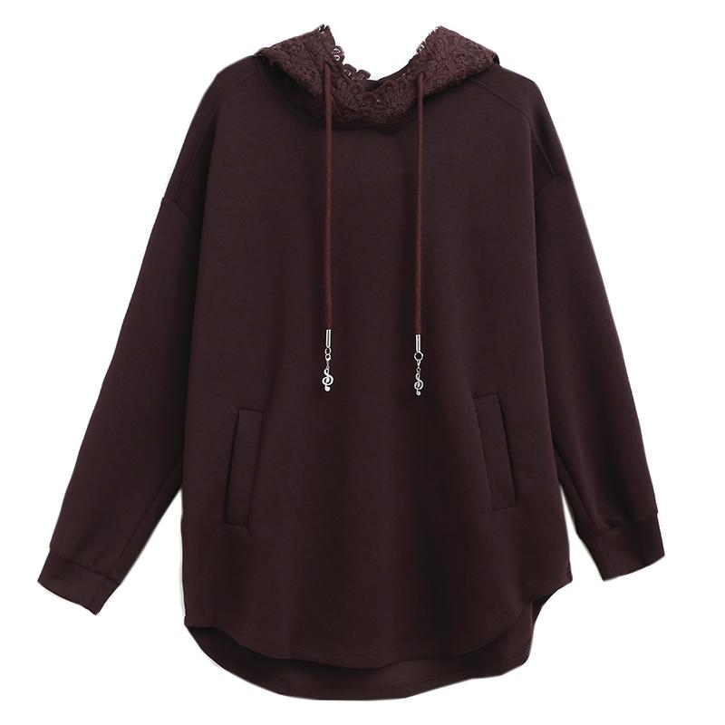Dimanaf 2024 Плюс Размер Осень Однотонная Футболка Женская Новая Кружевная Капюшонная Пуловер Длинный Рукав Свободные Модные Топы Футболки