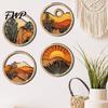 Retro Boho Wall Hanging 4 Pcs Art, Bohemian Sunset Mountain Plant Decor, Wooden Handmade Wood Art Round Circle Hollow Out Farmhouse Ornament