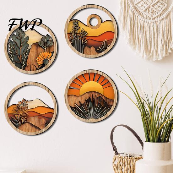 Retro Boho Wall Hanging 4 Pcs Art, Bohemian Sunset Mountain Plant Decor, Wooden Handmade Wood Art Round Circle Hollow Out Farmhouse Ornament