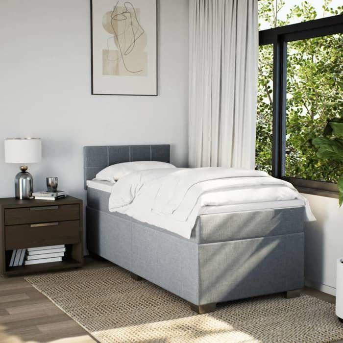 Cadre de lit avec matelas - 80x200 cm - Tissu gris clair - Housse amovible - Ressorts ensachés