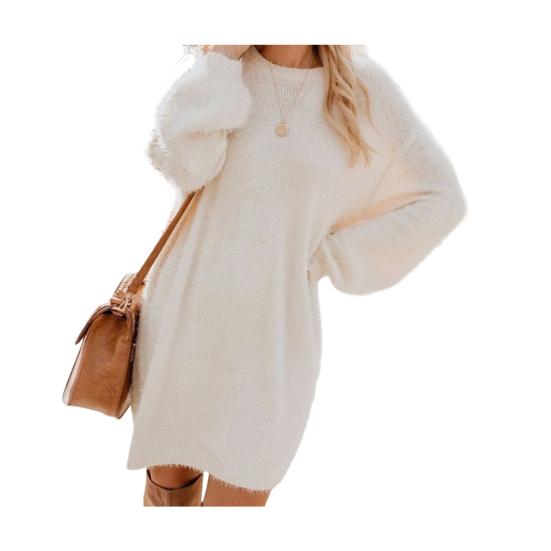 Women's Furry Pullover Sweater Dress Fuzzy Slouchy Oversized Long Tops Loose Crew Neck Fall Short Mini Dress