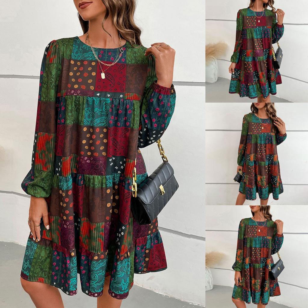 Женское повседневное и модное кукольное платье с круглым вырезом и длинными рукавами с принтом