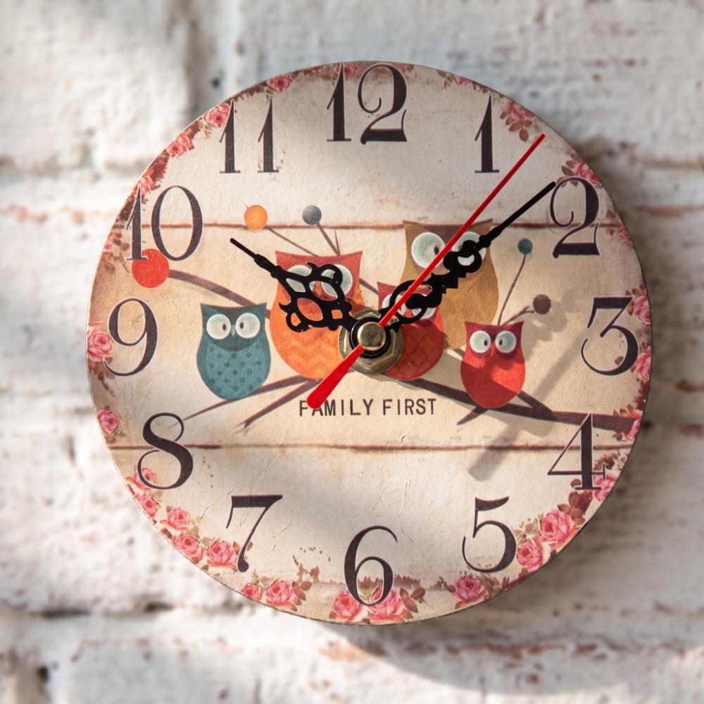 Oil Painting Design Round Wall Clock 4.72in Owl Pattern Clock Wooden Wall Clock Home Decoration