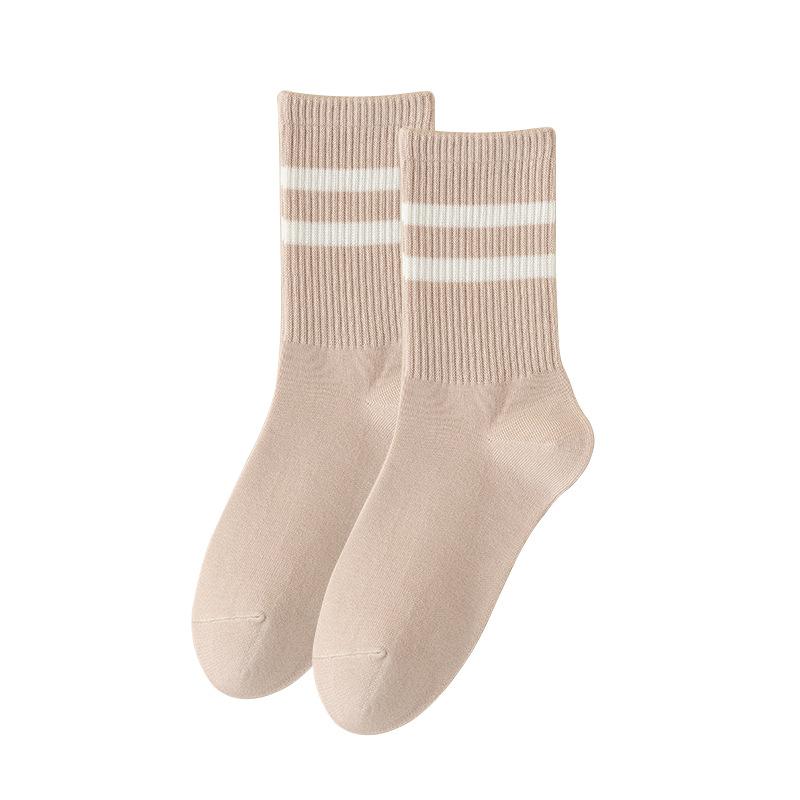 Pure Cotton Socks for Women In Autumn and Winter, Mid-calf Sweat-absorbing and Odor-proof Double-bar Striped Sports Long Calf Cotton Socks