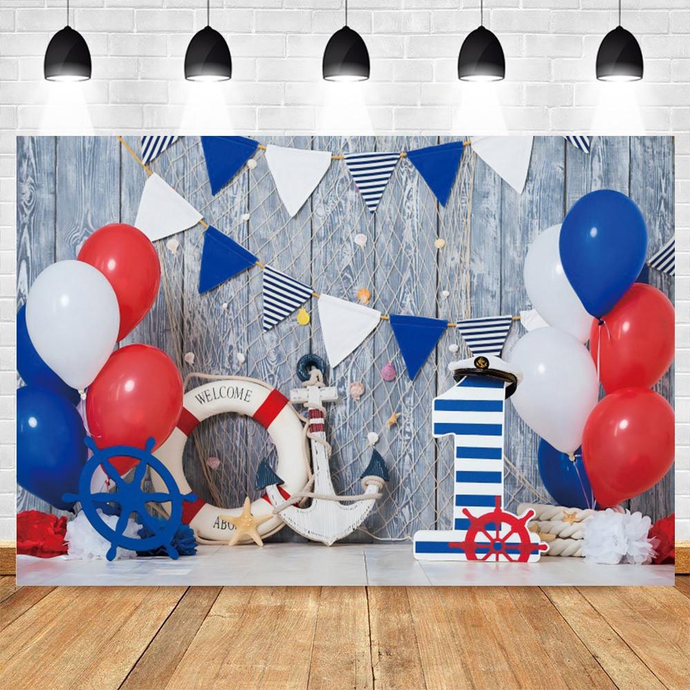 Nautical theme baby party background for photography, sailboat, boat, starfish, wooden board, sailor portrait, Photo background
