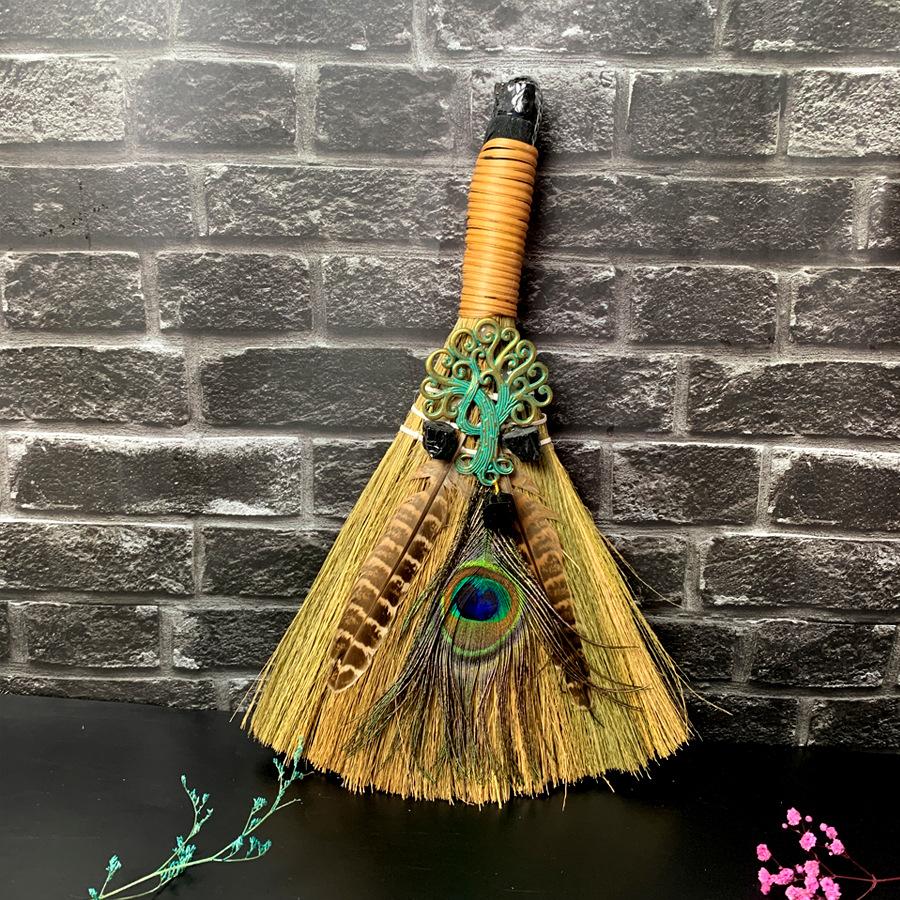 Big Broom Natural Amethyst Life Tree Halloween Peacock Feather Eye Altar Ornament Witch Mini Broom Home Decoration Handicrafts