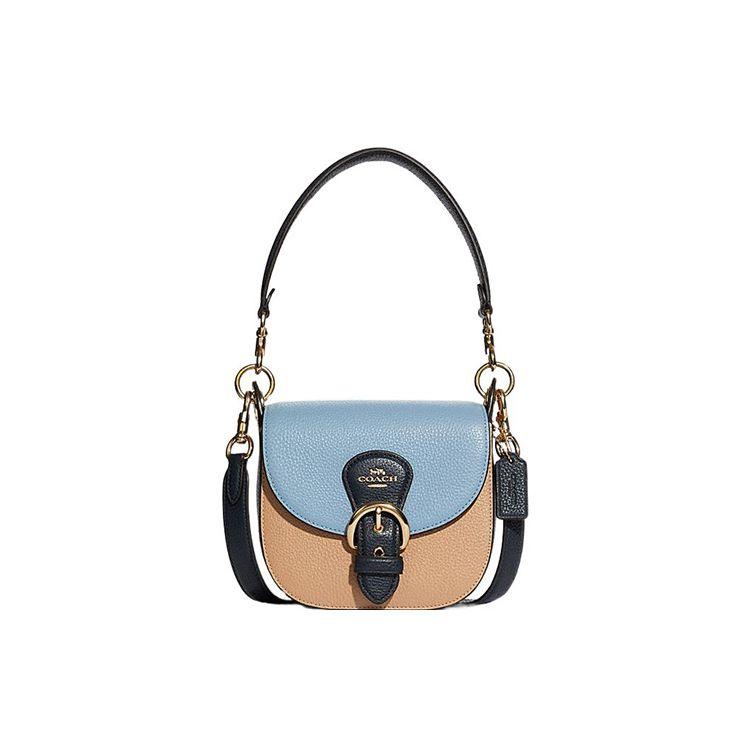 Coach Kleo 17 Сумочка на плечо с пряжкой-седло, Color Block, клапан, кожаная, подмышку, кросс-боди, на плечо, маленькая, женская, светло-голубой, хаки C8744-IMTUZ
