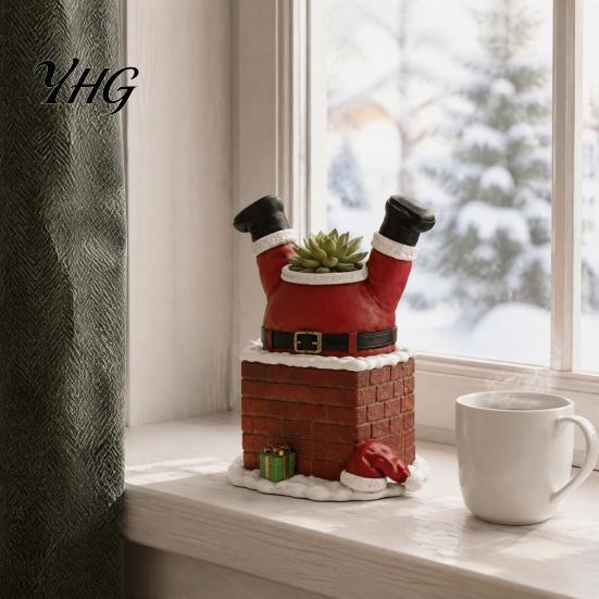 Decorative Smokestack Planter Santa Claus in Flower Pot Ornament, Resin Plant Durable Succulent Container, Small for Holiday Tabletop Display