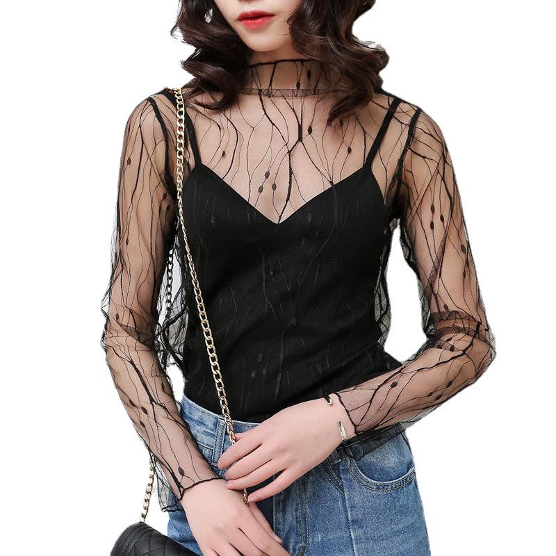 Women's Korean Style Sheer Black Mesh Long Sleeve Top