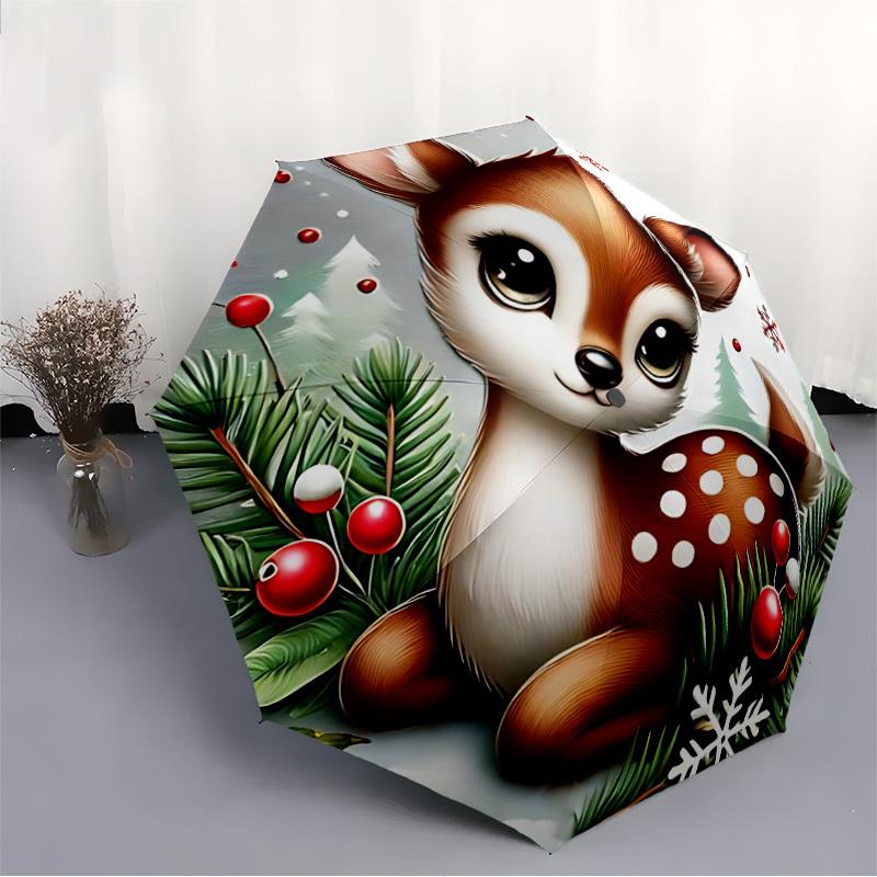 1pc Winter Deer Automatic Folding Umbrella   Compact 8 Rib Design, Durable Iron Frame for Travel, Outdoor,  a0920084