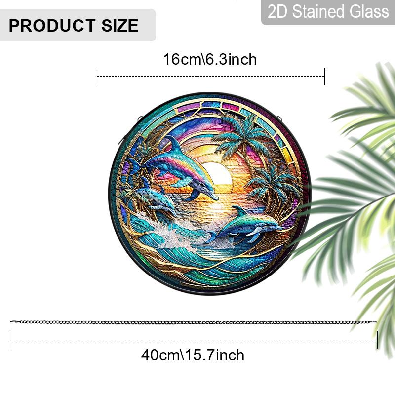 2D Flat Stained Glass Ocean Dolphin Window Decoration, 6.3/7.87inches Blue Colored Glass Plate with Chain, Charming Indoor/Outdoor Sun Catcher Home
