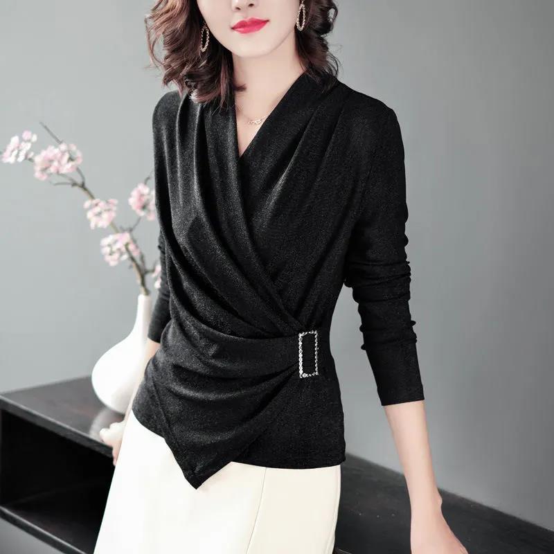 Autumn Long Sleeve Women's Blouse Sexy Cross V-neck Thin Black Female Blouses Spring Casual Office Elegant Lady Top Pullover