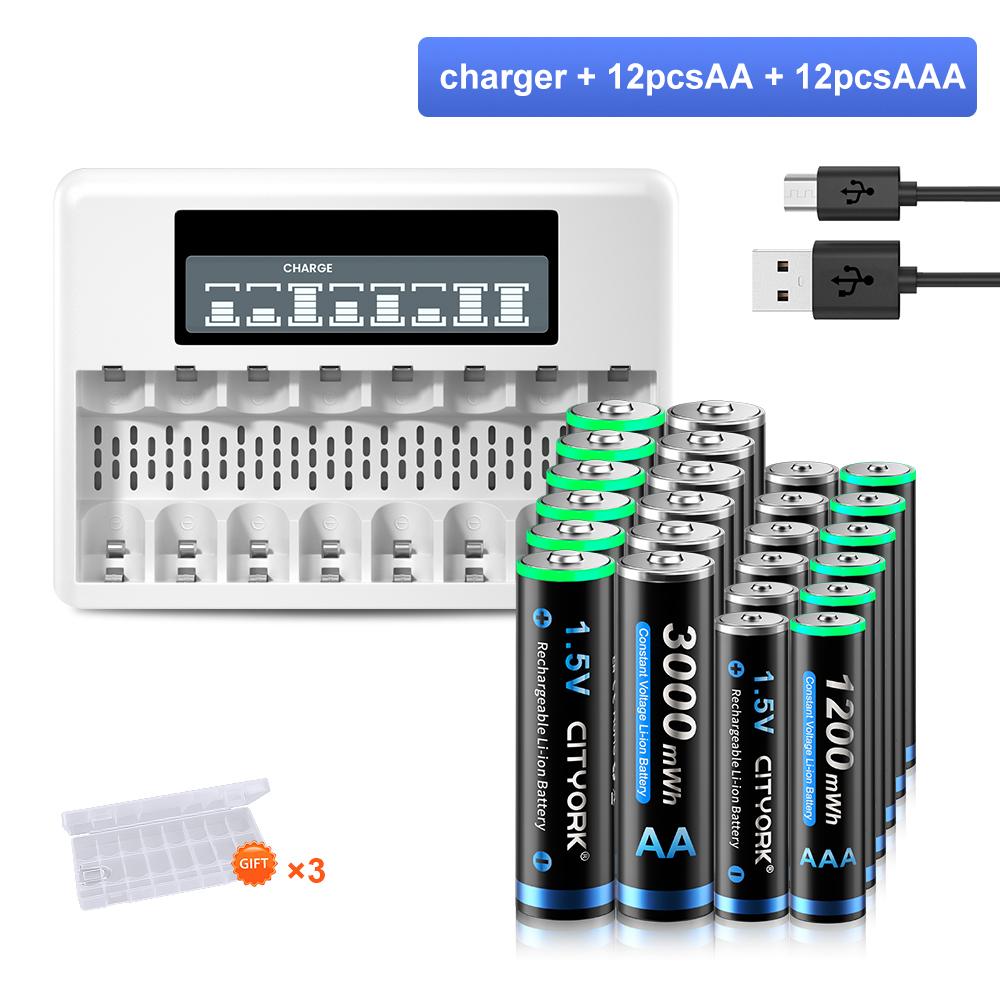 Cityork 1.5V AAA+AA Rechargeable Battery AA AAA Lithium Li-Ion Battery With 8 Slots 1.5V AAA AA Li- Ion Battery Charger