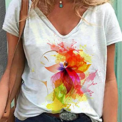 Модные весенние блузки с цветочным принтом, футболки с коротким рукавом и V-образным вырезом, повседневные