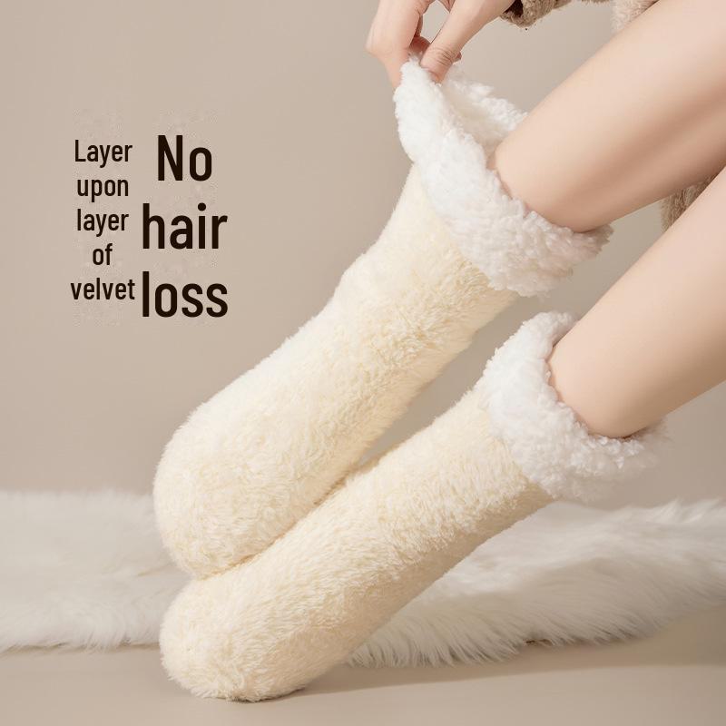 Женские плюшевые нескользящие носки средней длины для осени и зимы — теплые, толстые, домашние носки для сна и родов
