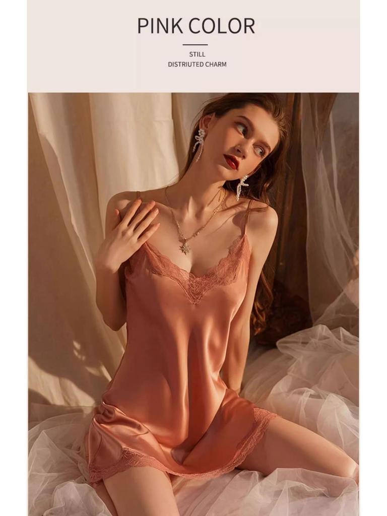 Высококачественная летняя ночная сорочка из кружева и ледяного шелка для женщин - стиль Pure Desire с нагрудными вкладышами, доступна в больших размерах