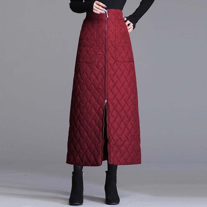 Женская зимняя юбка Юбка полудлинная Эластичная талия Высокая талия Большой размер Ветрозащитная и теплая пуховая хлопковая юбка Утолщенная длинная юбка А-силуэта
