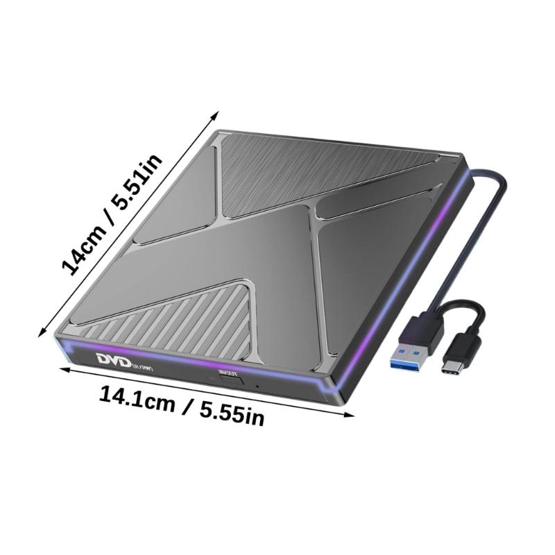 External Disc Drive with Color Lighting USB3.0 and Type C Port Fast Speed 24X Burning Reader Wide Compatibility
