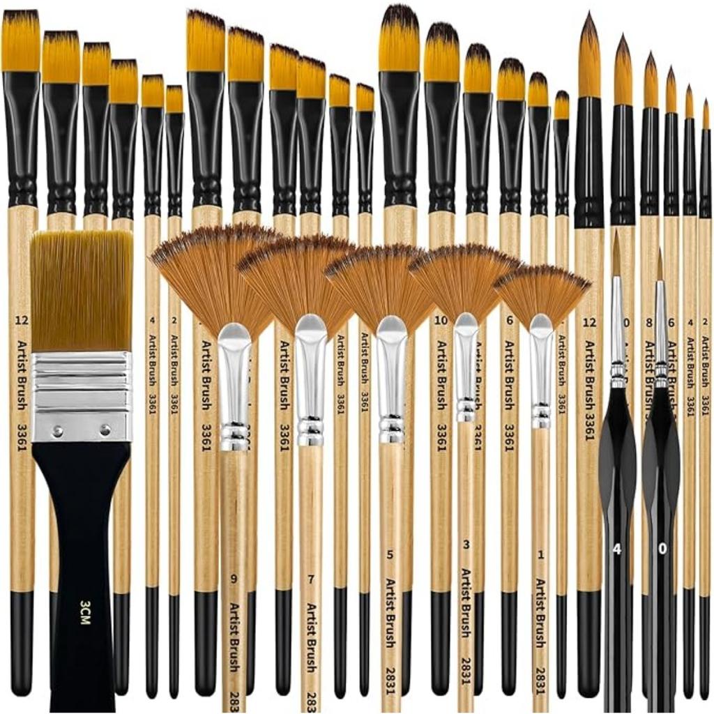 32 Pcs Paint Brushes for Acrylic Painting, Premium Nylon Bristles with Round, Filbert, Flat, Fan, Angle, Fine Detail Brush, Paint Brush Set