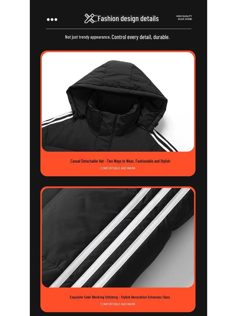 Унисекс пуховик Adidas с капюшоном и тремя полосками - Модный зимний пальто