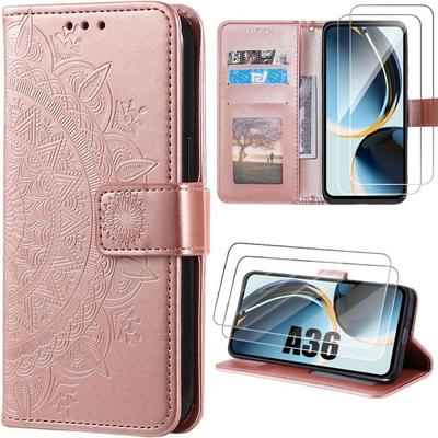 Чехол для Samsung Galaxy A36 5G - BOOLING - Искусственная кожа, Защита от царапин, Экзотический розовый узор - 2 Защитных стекла