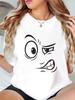 Crew Neck Short Sleeve Casual Tee Minimal Line Art Funny Angry Cartoon Face Sarcastic Mad Expression Print