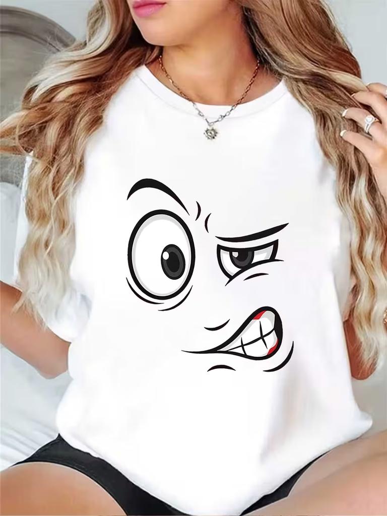 Crew Neck Short Sleeve Casual Tee Minimal Line Art Funny Angry Cartoon Face Sarcastic Mad Expression Print