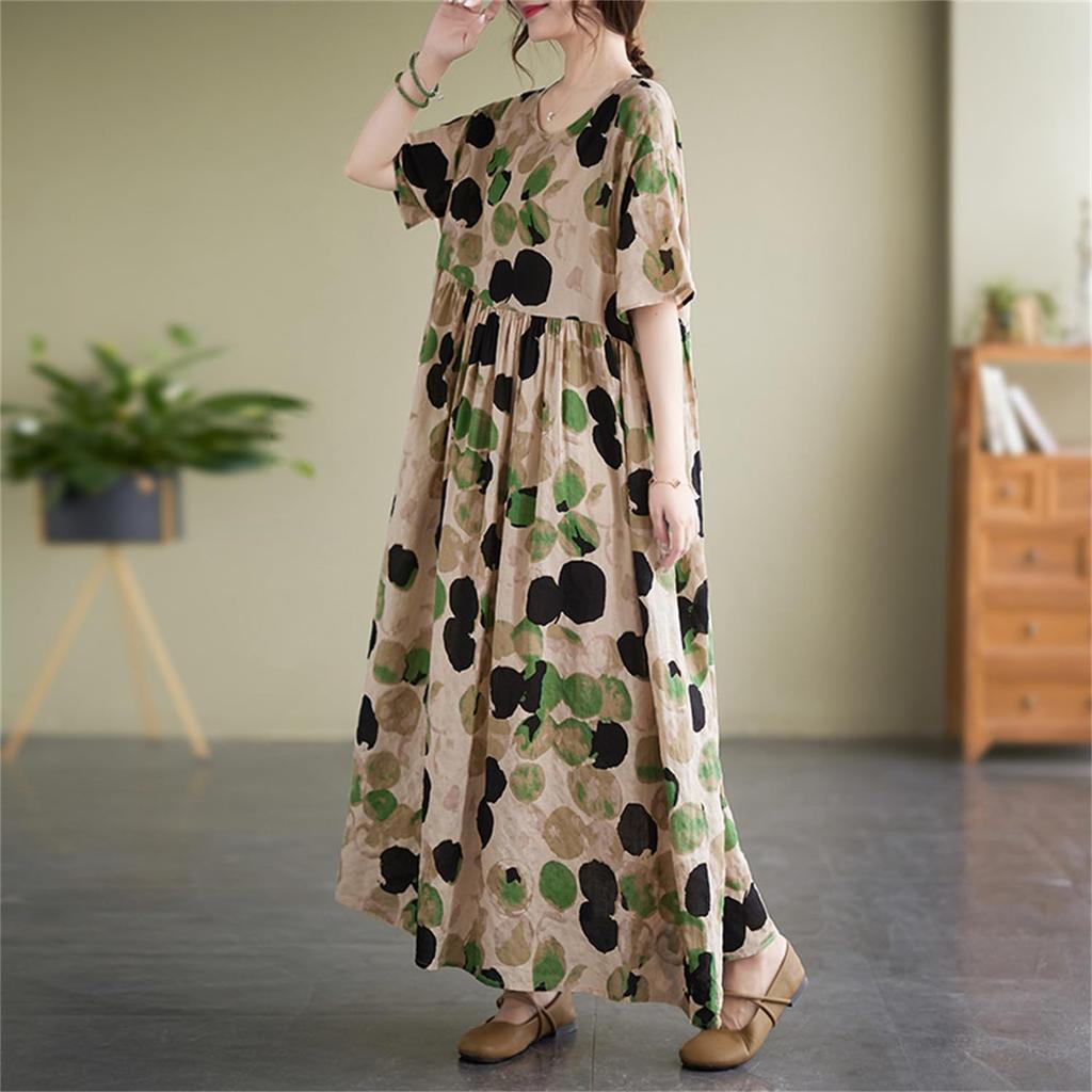 Summer Resort Mori Girl Long Plus Loose Bohemian Floral Perfect for Popular Free Floral Print [kisetsumate] Women's Dress, Cotton-Linen, Style, Dress,