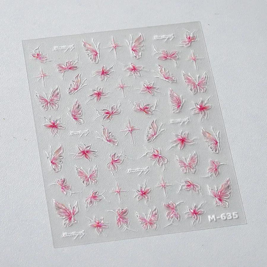 Shiny Jelly Butterfly Charming Golden Gradient Bowknot 5D Self Adhesive Nail Art Sticker Flower Petal Rhinestone Manicure Decals