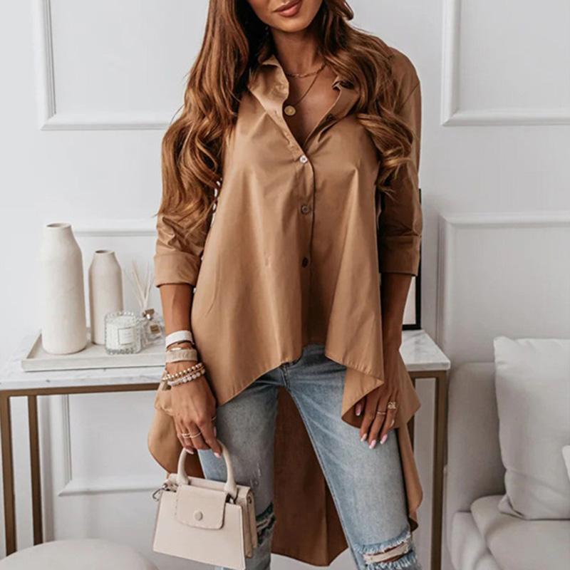 Women Spring Autumn Long Sleeve Lapel Solid Color Loose Irregular Long Shirt Blouse Top