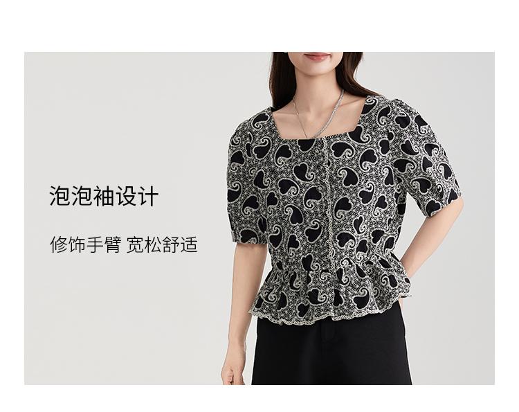 Pure cotton temperament floral age reducing short-sleeved shirt for women in 2026 summer, high-end and slim waist cinching top