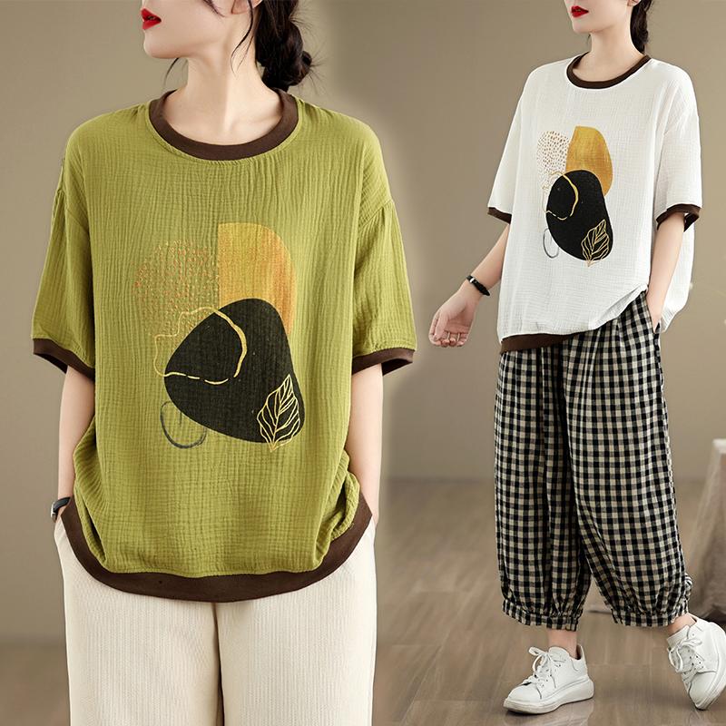 Dimanaf 2025 Летняя футболка больших размеров для женщин с принтом Базовая винтажная свободная повседневная футболка с круглым вырезом