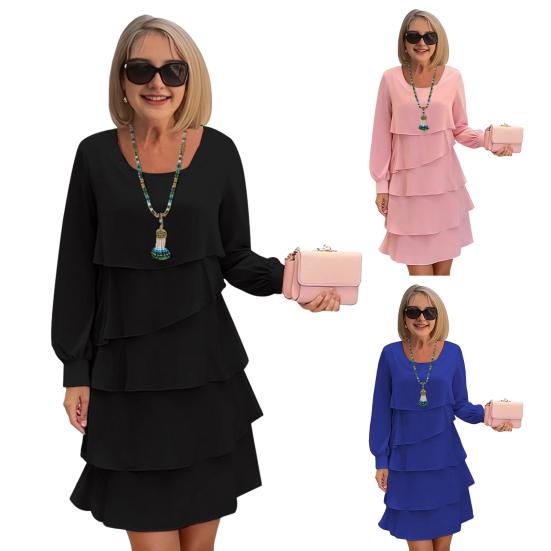 Многослойное шифоновое платье для женщин, с длинным рукавом, с круглым вырезом, с оборками, ярусное, струящееся, повседневное, для гостей на свадьбу