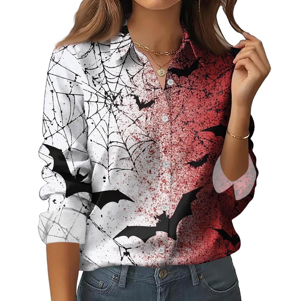 Женская рубашка-блузка с принтом и пуговицами, длинный рукав, повседневный базовый рубашечный воротник, обычный топ
