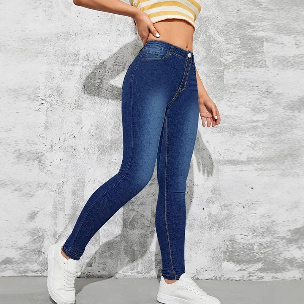 Ladies' Solid Color Casual Pants Versatile Slim Fit Straight Leg Denim Jeans