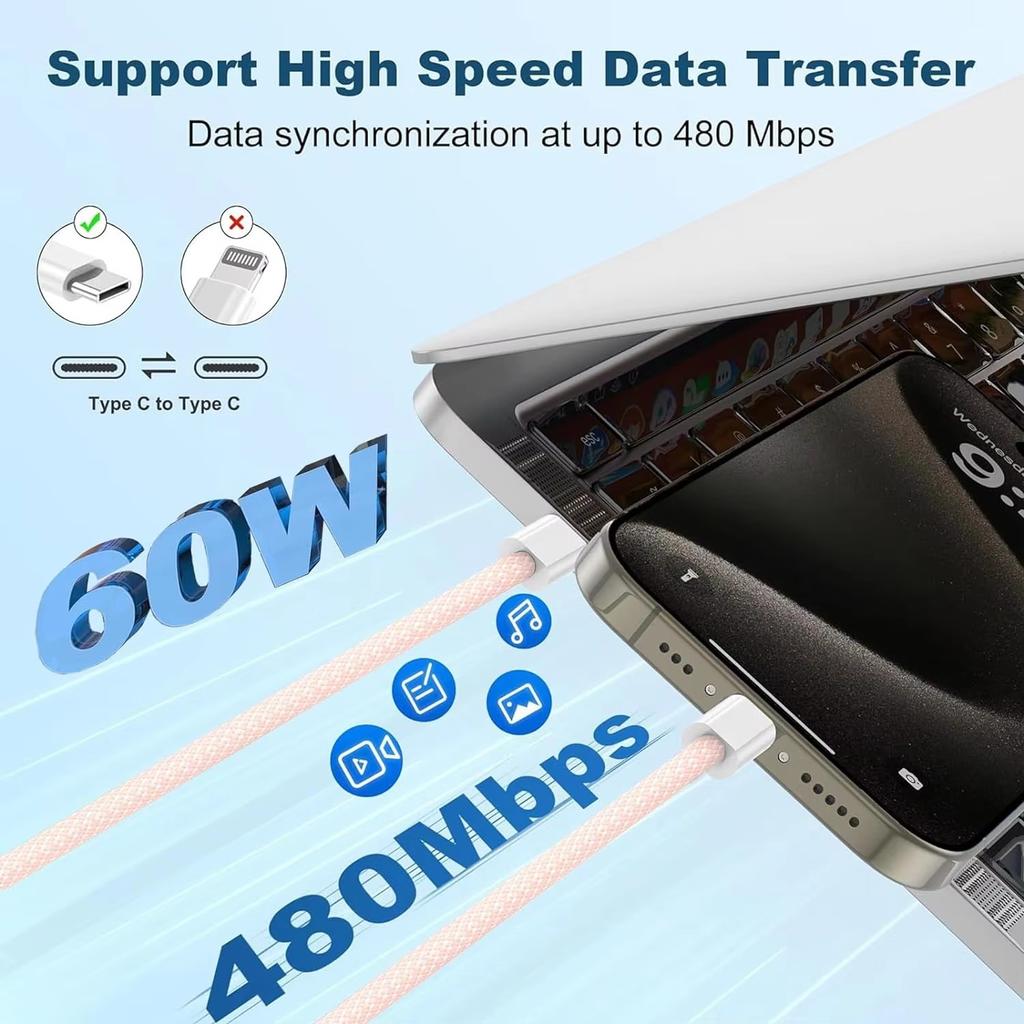 60W PD USB C Fast Charging Cable for iPhone 15 16 Pro Max 15 16 Plus Samsung Huawei Xiaomi Redmi Type C To Type C Braided Cable