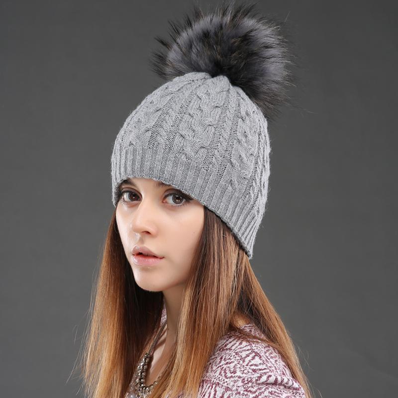 Women Double Layer Knitted Hats Winter Warm Beanies Wool Hat With Pompom Natural Fur Raccoon Fashion Female Cap