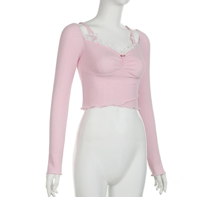 Женская плиссированная футболка с квадратным вырезом и кружевом, длинными рукавами и бантом