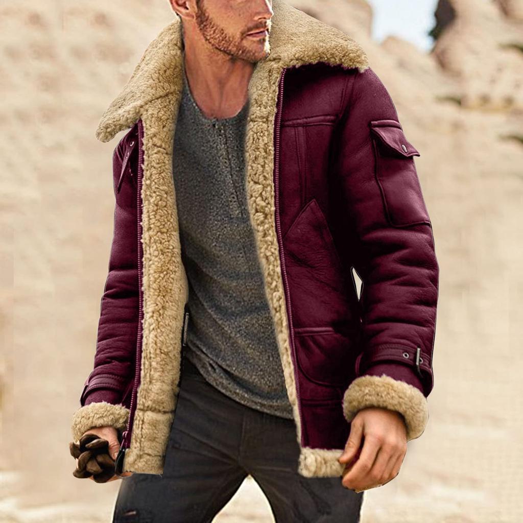 Men's Solid Color Frosted Fleece Composite Coat Long Sleeve Zipper Lapel Thick Coat Coat