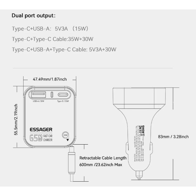 Essager 65W USB C Автомобильное зарядное устройство 3 порта с выдвижным кабелем PD3.0 QC3.0 30W Быстрая зарядка для iPhone 16 15 iPad Samsung Xiaomi
