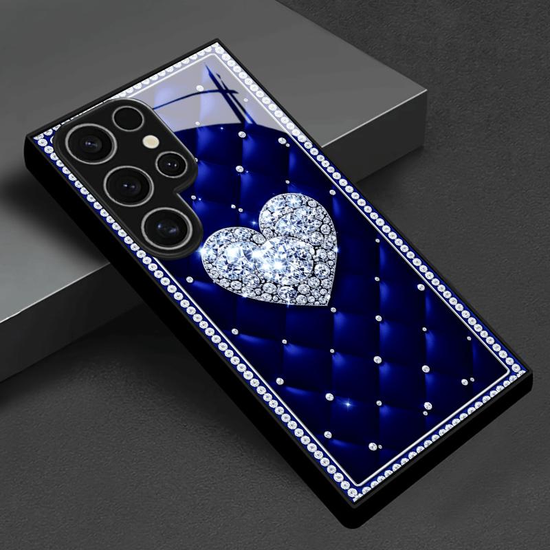 Blue Quilted Diamond Heart Glass phone case mobile phones fashion phone cases for Samsung Galaxy S26 S25 S24 S23 FE Ultra Plus